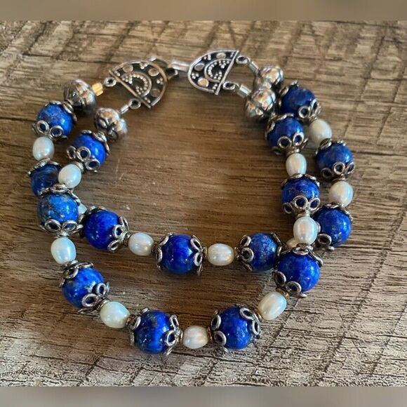 Vintage Bracelet Women’s 7” Sterling Silver 925 Blue Lapis Lazuli Pearls - Picture 1 of 5